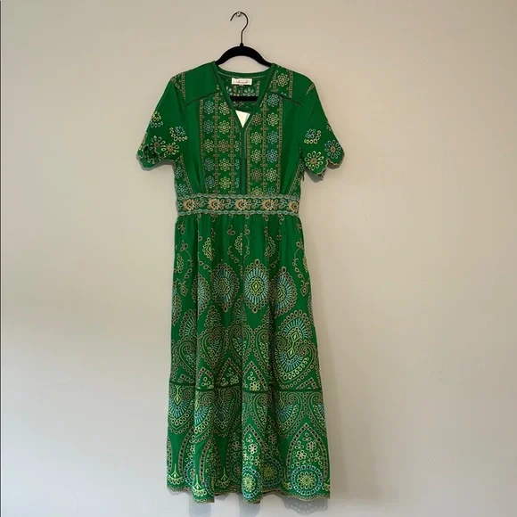 green emerald velvet dress CHICWISH Women Embroidered Eyelet Frilling Midi Dress Cotton V Neck Button  Short Sleeve Flowy Summer Green Dress with Belt at Amazon Women's Clothing  store